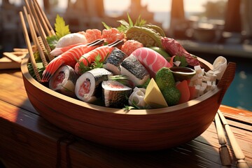 Set of a sushi boat with an assortment of sushi and sashimi, highlighting the artistry of sushi presentation