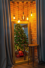 Happy New Year and Christmas! New Year's interior in loft style, green Christmas tree and classic...