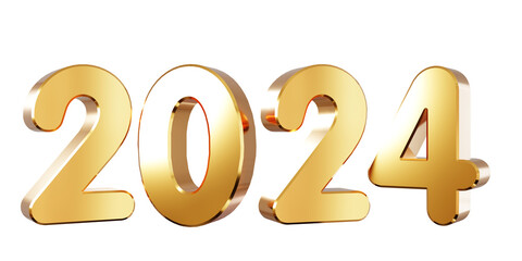 HAPPY NEW YEAR GOLD NUMBER 2024. 3D RENDERING ISOLATED ON TRANSPARENT