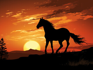 Abstract silhouette of a horse standing on a hill at night. Night scenery. Illustration.
