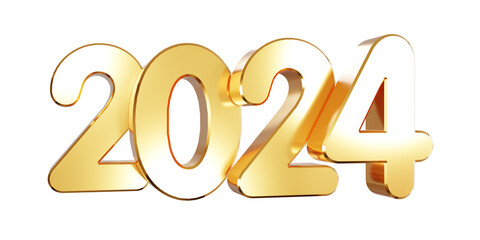 HAPPY NEW YEAR GOLD NUMBER 2024. 3D RENDERING ISOLATED ON TRANSPARENT