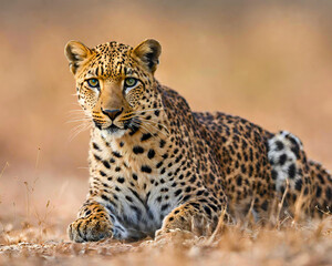 Fototapeta premium Majestic Leopard Portrait, Wild Spotted Cat in Natural Habitat, Graceful Leopard in the Wild