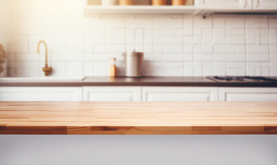 A wooden table top with a blurred kitchen background