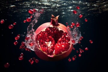 Photo of a pomegranate bursting open underwater. Generative AI - Powered by Adobe