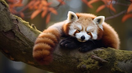 A cute baby red panda curled up on a tree branch, its fluffy tail wrapped around its body, enjoying a peaceful afternoon nap.