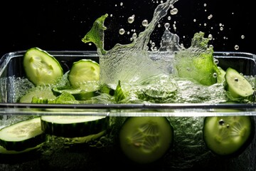 Photo of a refreshing cucumber being submerged in a container of water. Generative AI