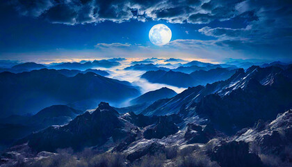 Naklejka na ściany i meble moon over the mountains, Moon over the Mountain Landscape, Moonrise Casting Radiance on Mountain Range