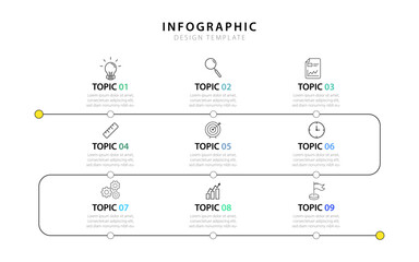 Infographic design template. Timeline concept with 9 options or steps template. layout, diagram, annual, report, presentation. Vector illustration.