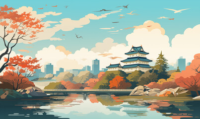 Illustration of Nagoya Castle Japan Popular tourist attractions Suitable for travel illustrations, postcards, Generative AI.