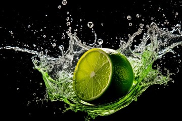 Photo of a vibrant lime creating a splash in a glass of water. Generative AI