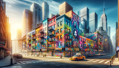 Colorful street art on urban buildings, showcasing the creativity and modern culture of the city