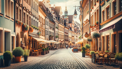 Classic European Street View_ A charming scene of a cobblestone street in a historic European city - Powered by Adobe