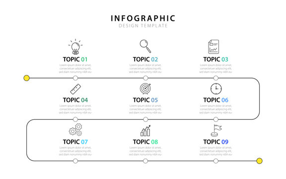 Infographic design template. Timeline concept with 9 options or steps template. layout, diagram, annual, report, presentation. Vector illustration.