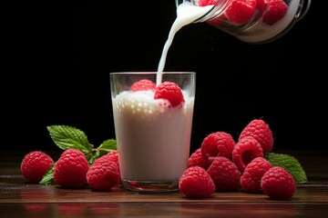 Photo of a vibrant raspberry being gently dipped into a glass of milk. Generative AI
