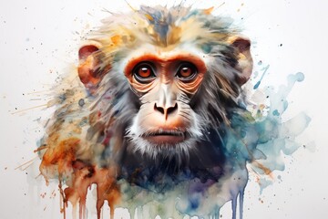 watercolor Monkey illustration with splash watercolor textured background cute monkey