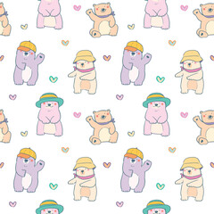 Seamless Pattern of Cute Cartoon Bear and Heart Design on White Background