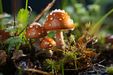 Hyper realistic mushrooms with dew drops in forest grass generated AI