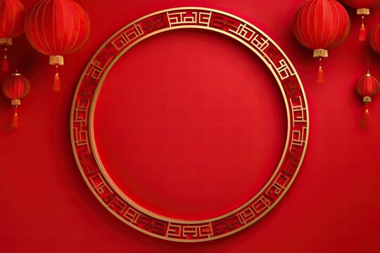 Chinese new year banner with circle for product show. Greeting card on a red background.