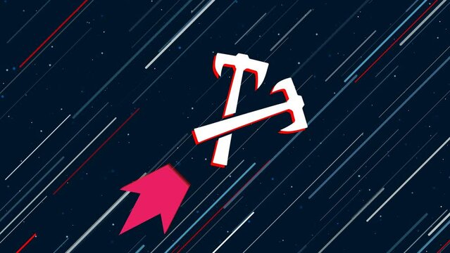 Crossed axes symbol flies through the universe on a jet propulsion. The symbol in the center is shaking due to high speed. Seamless looped 4k animation on dark blue background with stars