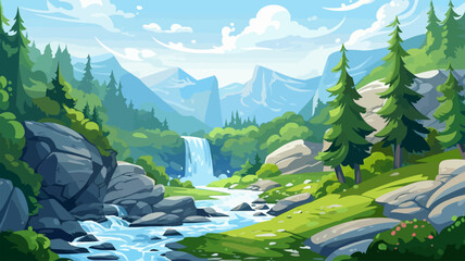 Nature landscape background with waterfall and mountains. Vector illustration in flat style
