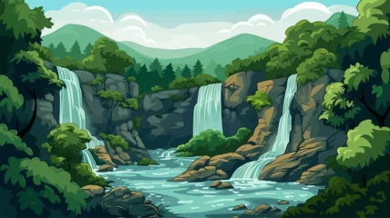 Fotobehang Nature landscape background with waterfall and mountains. Vector illustration in flat style © xxstudio