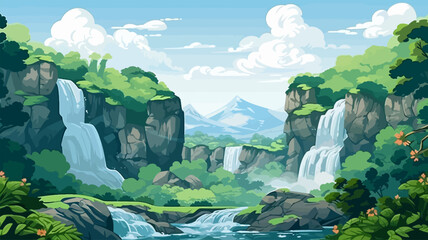 Nature landscape with waterfall in cartoon style. Vector illustration of waterfall in forest.