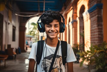 young smiling boy wearing headphones standing in front of a school lo-fi aesthetic multicultural queer academia - obrazy, fototapety, plakaty