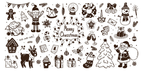 Set hand drawn doodle Christmas elements. Santa Claus, Christmas tree, elf, deer, balls, garland, text Merry Christmas, gingerbreads, snowman, decoration. Flat vector illustration on white background