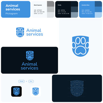 Dog walking service blue glyph business logo. Brand name. Professional expertise value. Paw print and shield simple icon. Design element. Visual identity. Nunito font used. Suitable for website
