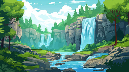 Beautiful landscape with a waterfall in the forest. Vector illustration. © xxstudio