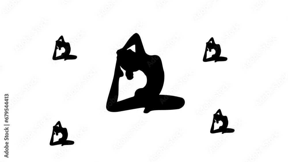 Poster zoom in and out animation the yoga stretching pose symbol. large black symbol in the center and four