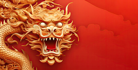 Illustration of a golden Dragon on a red background, in the style of Chinese New Year