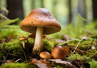 Majestic boletus mushroom on a mossy log in a soft-lit forest.