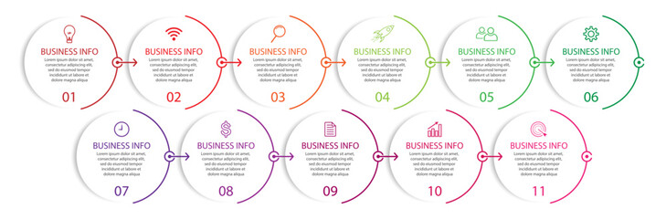 Simple Business Infographic design, vector
template with colorful lines, icons, numbers and
11 choices or steps. Can be used for process diagrams,
presentations, workflow layouts, banners, flowcharts