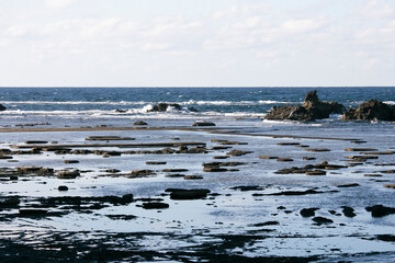 Coastline formed by volcanic activity in Ogi coast in Sado Island, Niigata prefecture, Japan.