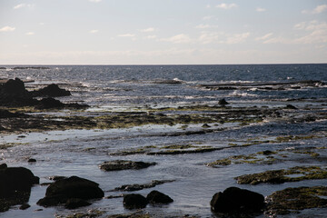 Coastline formed by volcanic activity in Ogi coast in Sado Island, Niigata prefecture, Japan.