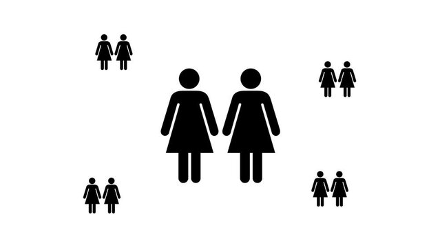 Zoom in and out animation the woman with woman symbol. Large black symbol in the center and four small symbols around. Seamless looped 4k animation on white background