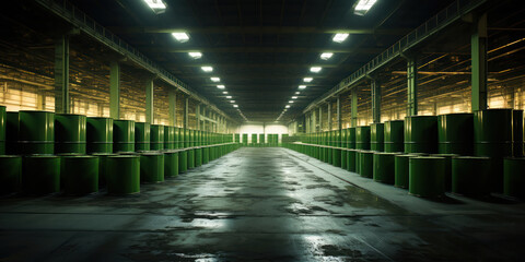 Vacant warehouse filled with rows of green barrels