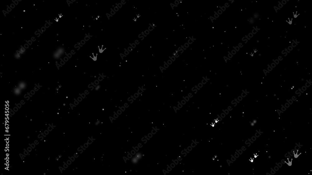 Poster template animation of evenly spaced frog tracks symbols of different sizes and opacity. animation of