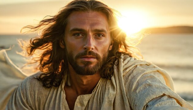 Portrait of Jesus Christ against a golden sunset sea backdrop. Generative AI.