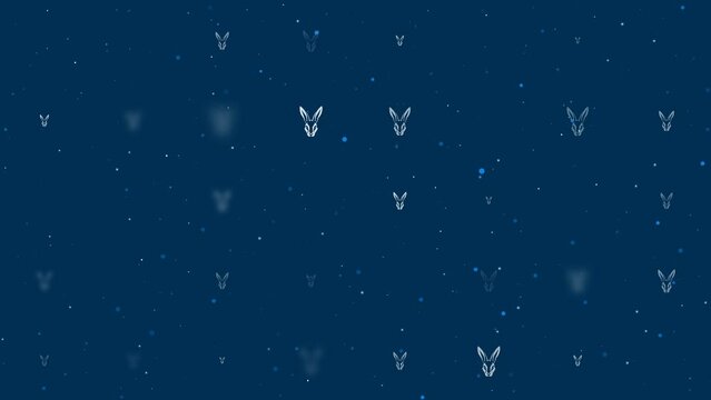 Template animation of evenly spaced hare's head symbols of different sizes and opacity. Animation of transparency and size. Seamless looped 4k animation on dark blue background with stars