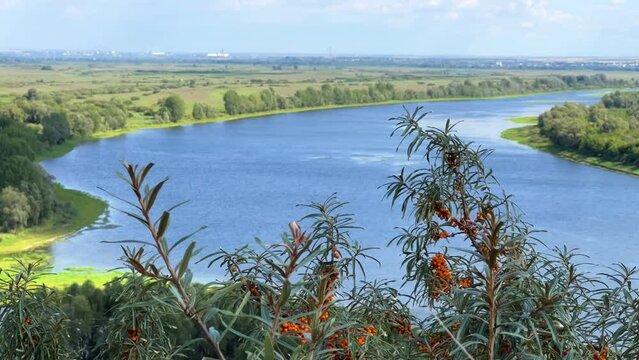 Picturesque view of the Kama River from the observation deck at the Yelabuga settlement. The movement of clouds over the river. Lower Kama National Park. Yelabuga, Republic of Tatarstan, Russia, 4K
