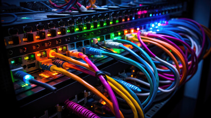 Closeup of multicolored wires plugged into the modern router, creative wallpaper of system connection, stable connection, stable server and internet. 