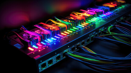 Closeup of multicolored wires plugged into the modern router, creative wallpaper of system connection, stable connection, stable server and internet. 