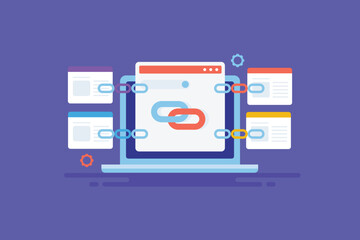 Website linking with other web pages, digital marketing strategy SEO optimization, concept of link building domain authority backlink vector illustration. - obrazy, fototapety, plakaty