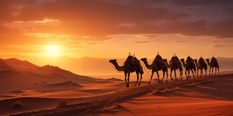 Foto auf Glas Sequence of camels lined up across a desert landscape © Putra