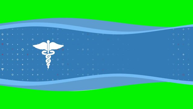Animation of blue banner waves movement with white caduceus symbol on the left. On the background there are small white shapes. Seamless looped 4k animation on chroma key background