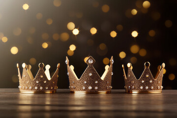 Coronas de oro de reyes magos en la mesa con fondo de luces difuminadas. - obrazy, fototapety, plakaty