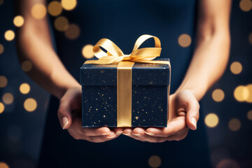 Manos de mujer entregando un regalo con envoltorio azul con un lazo dorado.