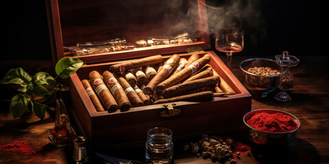 Cigars and rolling accessories inside an opened wood box - obrazy, fototapety, plakaty